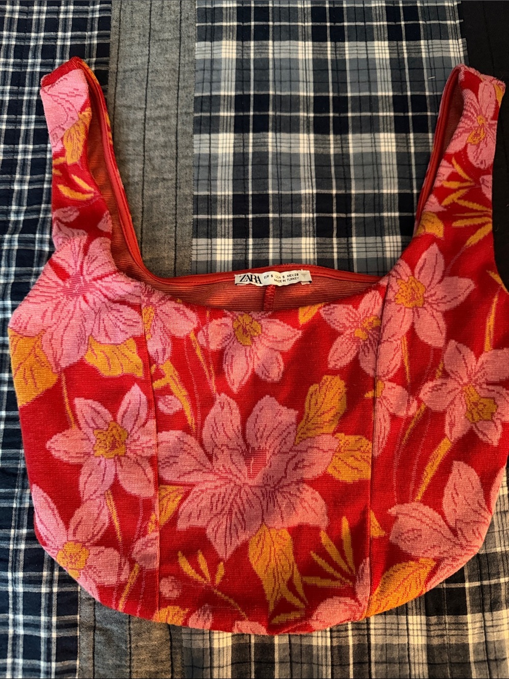 Zara Red Floral Pink Jacquard Shoulder Tote